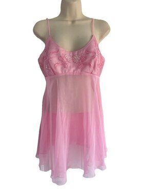 VTG Y2K Victoria’s Secret Women's Sz L Pink Sheer Nightie Embroidered Lingerie